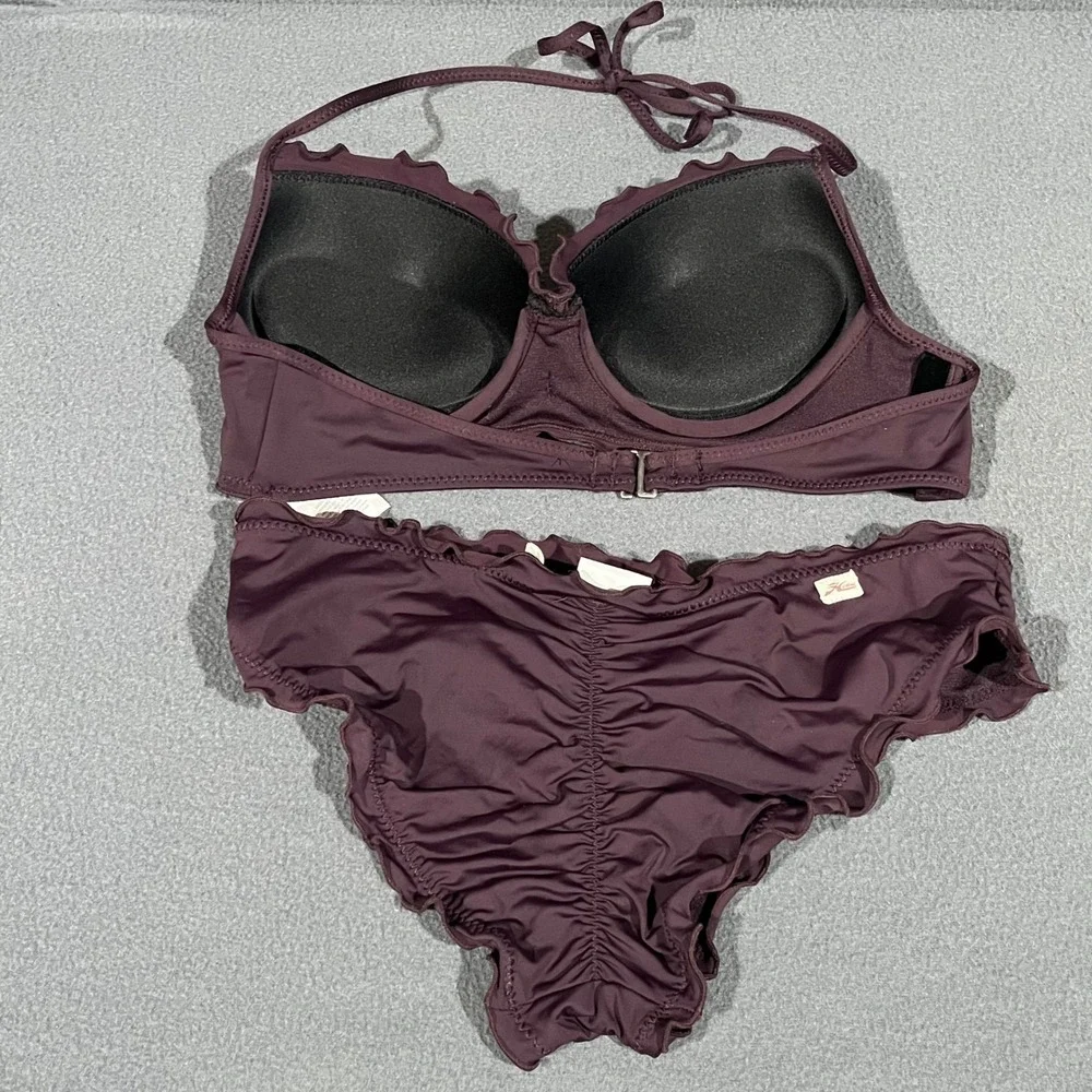 Hobie Womens Ruffle Trim Bikini Set Dark Purple Halter Push Up Top L Bottom‎ M